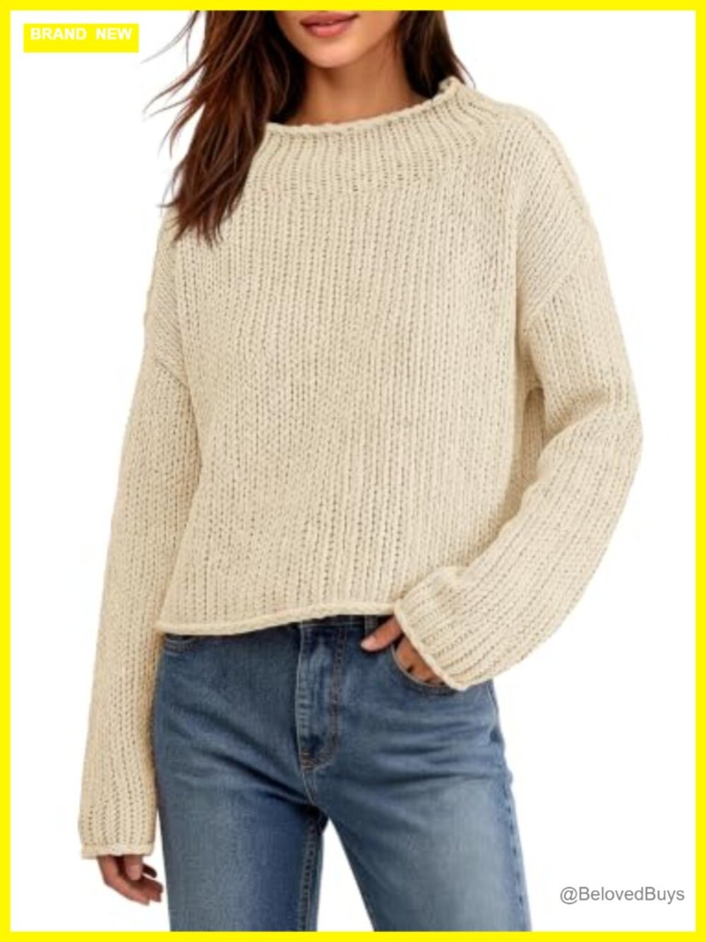 Chunky Knit Mock Neck Cropped Sweater Long Sleeve Pullover